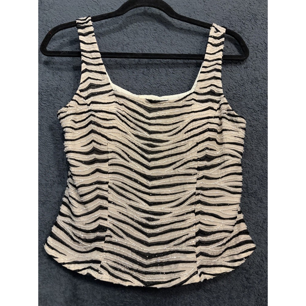 Vintage CACHE 90s Beaded 100% Silk Zebra Top Y2K Animal Print Square Neck Tank M
